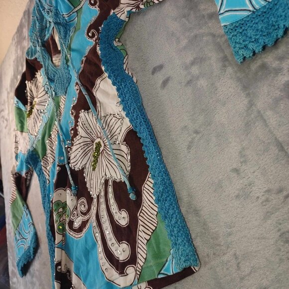 Forbidden Women M Artsy Multicolored Light Hoodie Shirt Sheer Beaded Long Sleeve - Picture 6 of 7